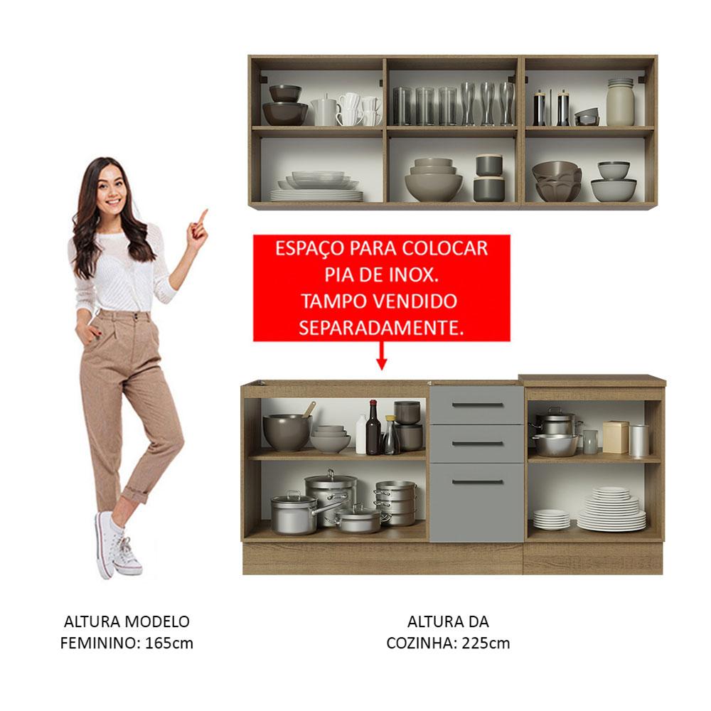 Cozinha Completa Madesa Agata 180001 com Armário e Balcão (Sem Tampo e Pia) - Rustic/Cinza
