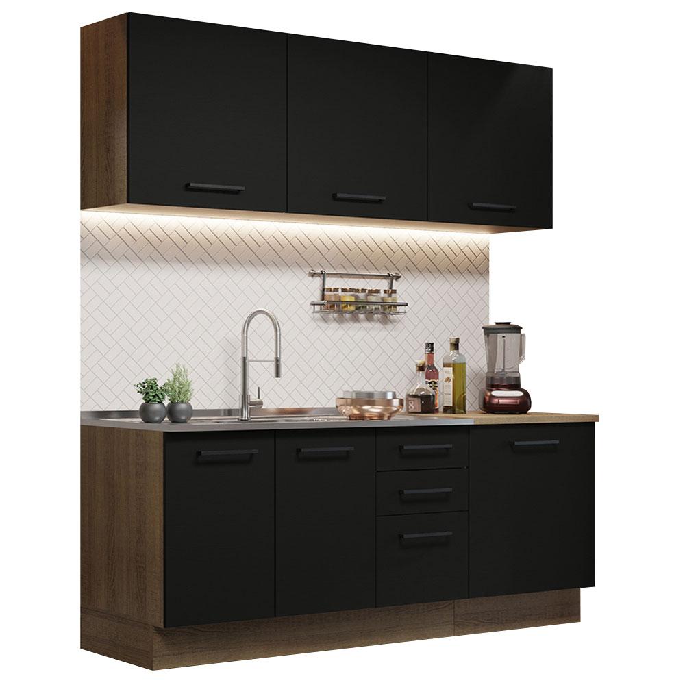 Cozinha Completa Madesa Agata 180001 com Armário e Balcão (Sem Tampo e Pia) - Rustic/Preto