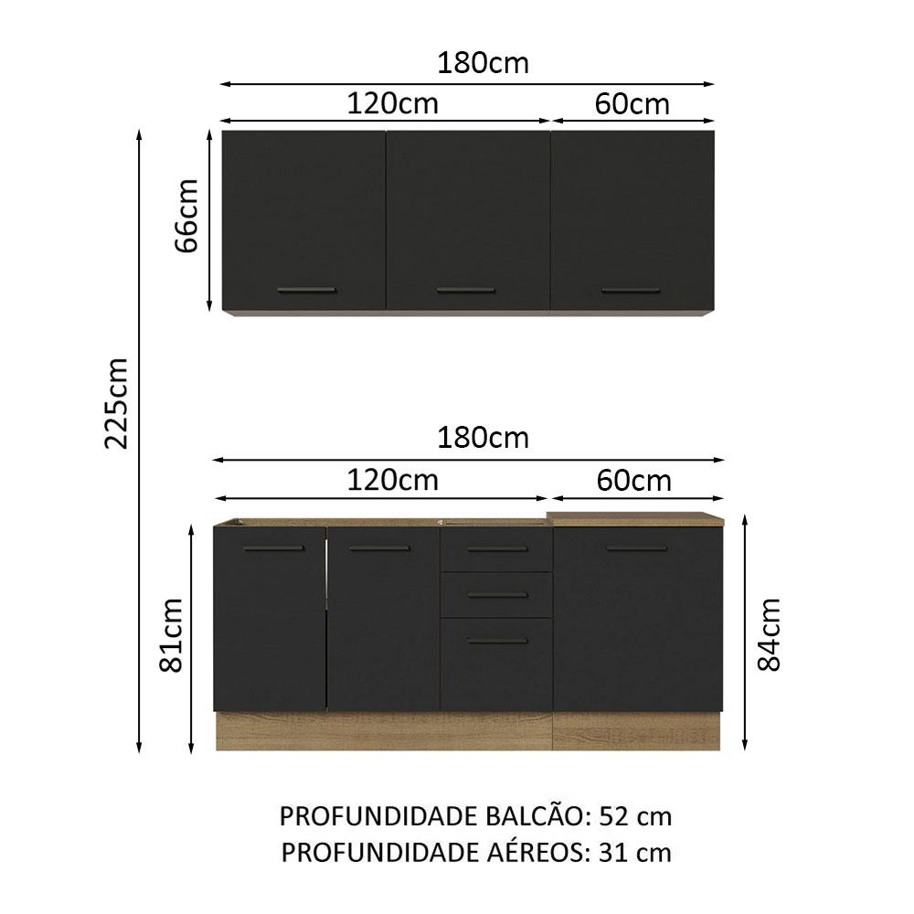 Cozinha Completa Madesa Agata 180001 com Armário e Balcão (Sem Tampo e Pia) - Rustic/Preto