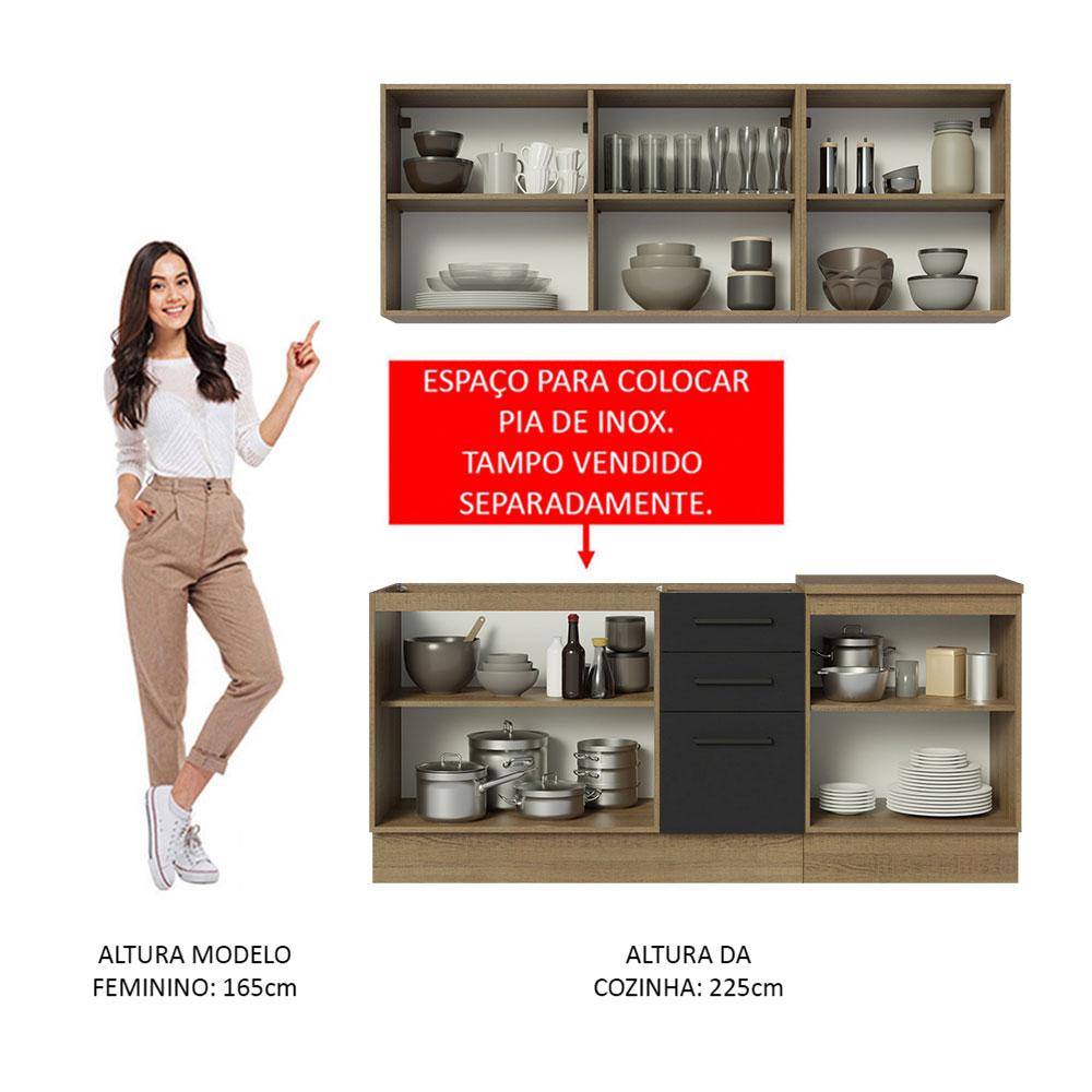 Cozinha Completa Madesa Agata 180001 com Armário e Balcão (Sem Tampo e Pia) - Rustic/Preto