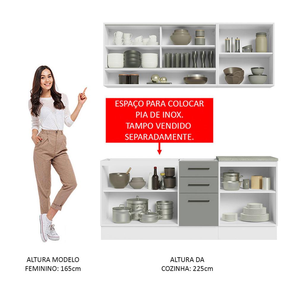 Cozinha Completa Madesa Agata 180002 com Armário e Balcão (Sem Tampo e Pia) - Branco/Cinza