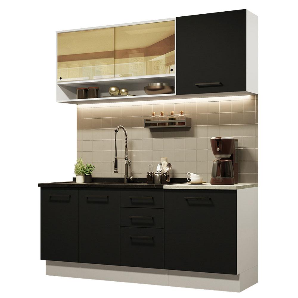 Cozinha Completa Madesa Agata 180002 com Armário e Balcão (Sem Tampo e Pia) - Branco/Preto