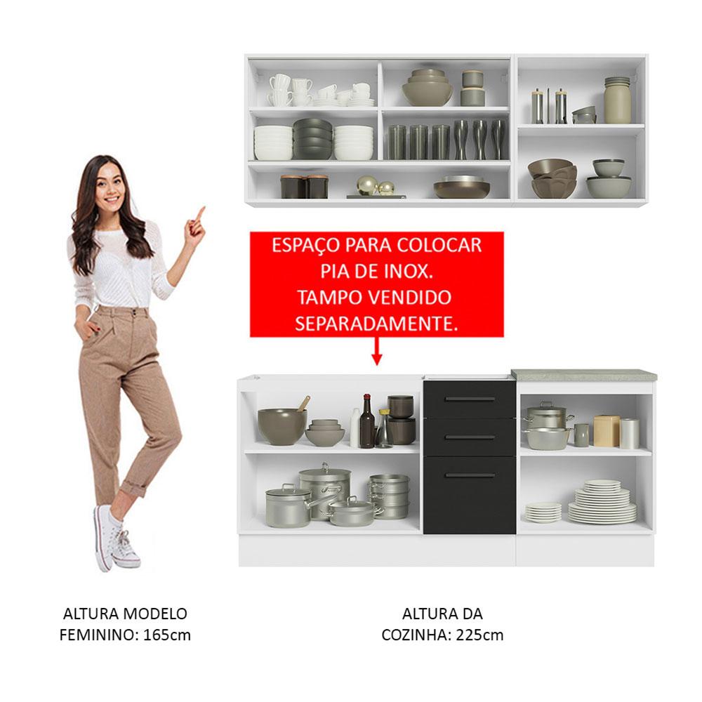 Cozinha Completa Madesa Agata 180002 com Armário e Balcão (Sem Tampo e Pia) - Branco/Preto