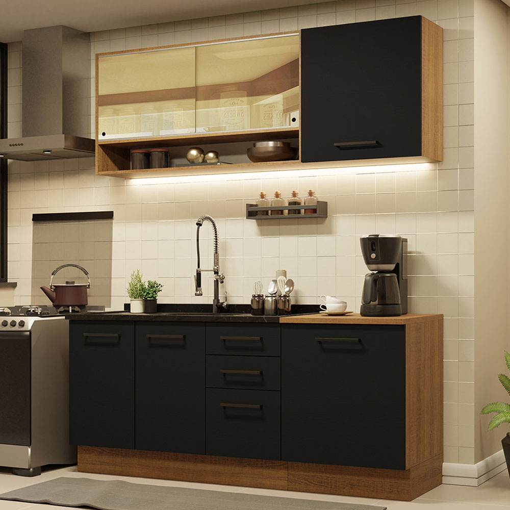 Cozinha Completa Madesa Agata 180002 com Armário e Balcão (Sem Tampo e Pia) - Rustic/Preto