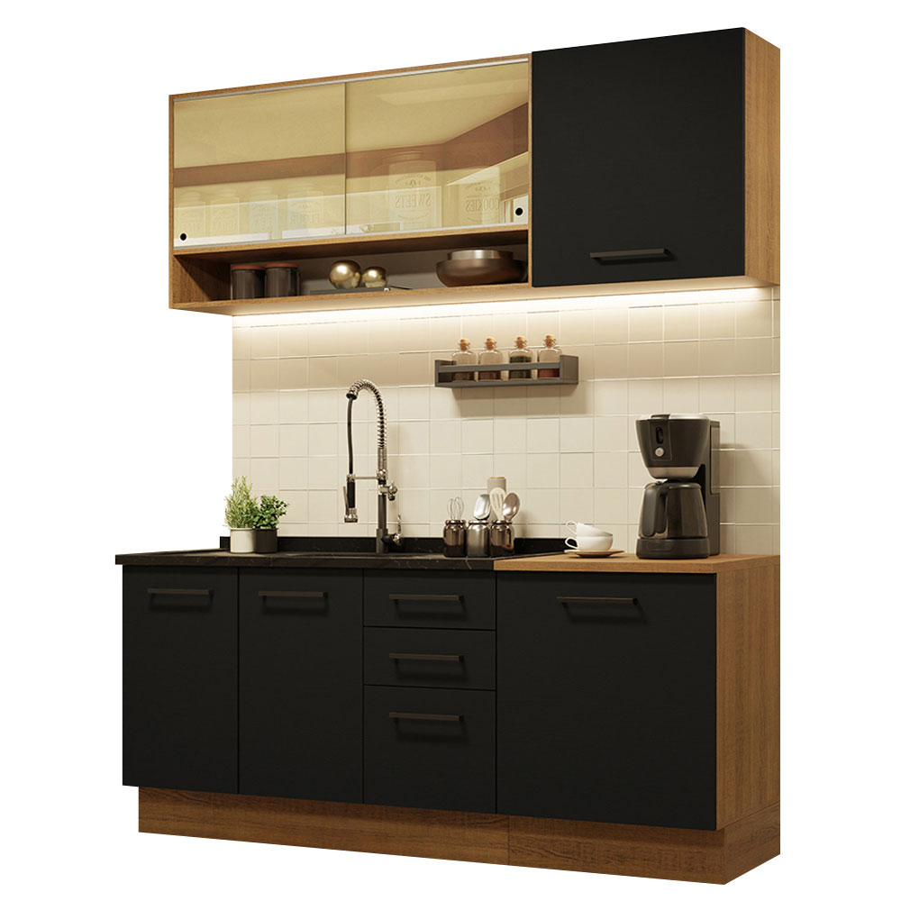 Cozinha Completa Madesa Agata 180002 com Armário e Balcão (Sem Tampo e Pia) - Rustic/Preto
