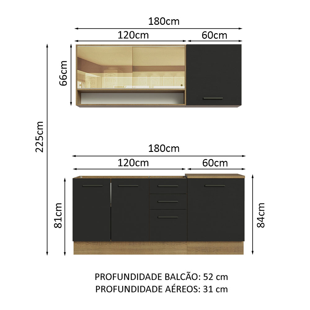 Cozinha Completa Madesa Agata 180002 com Armário e Balcão (Sem Tampo e Pia) - Rustic/Preto
