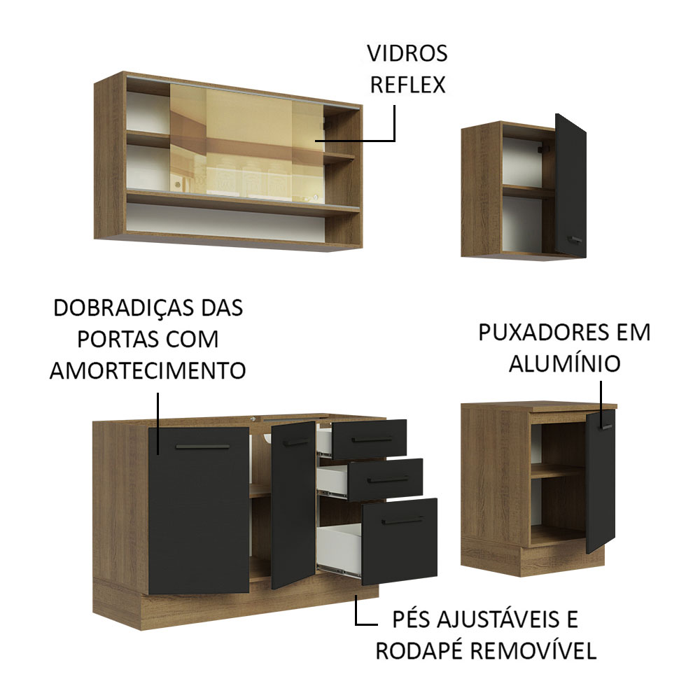 Cozinha Completa Madesa Agata 180002 com Armário e Balcão (Sem Tampo e Pia) - Rustic/Preto