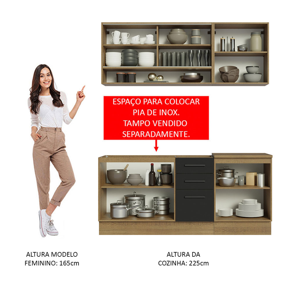 Cozinha Completa Madesa Agata 180002 com Armário e Balcão (Sem Tampo e Pia) - Rustic/Preto