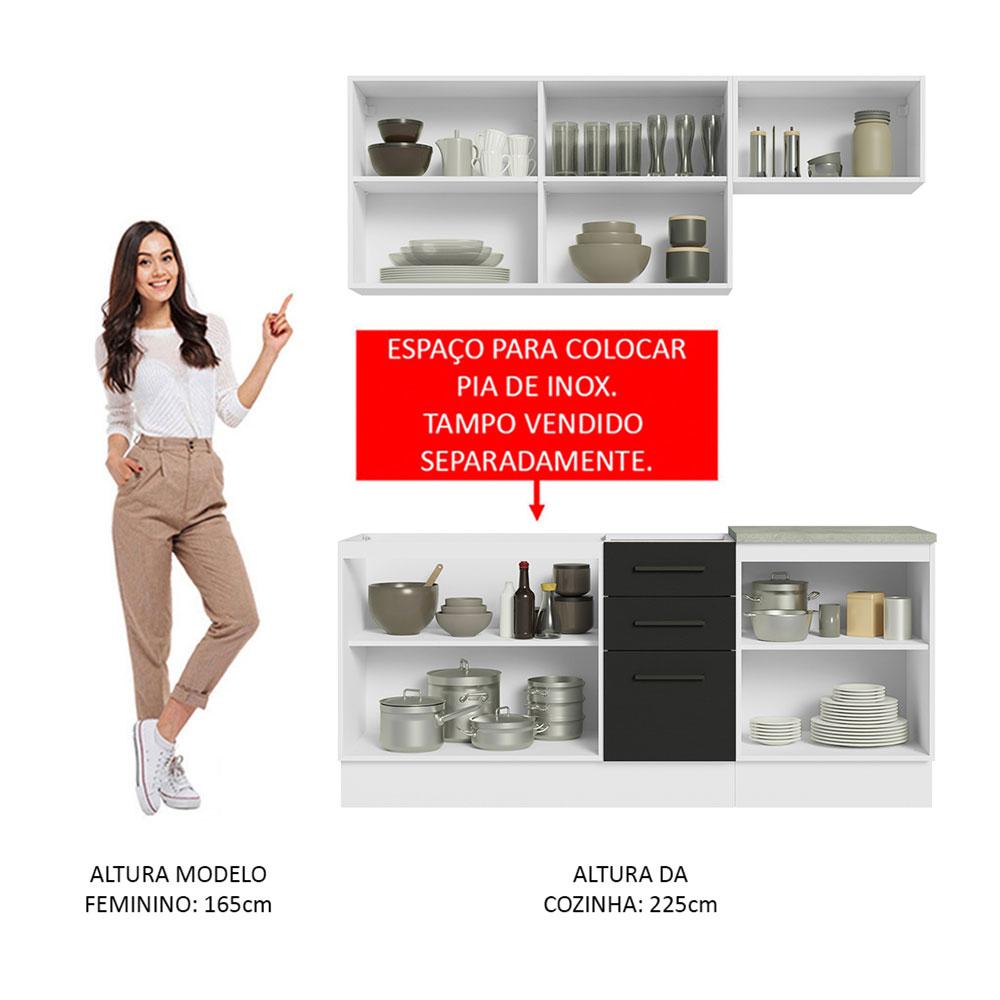 Cozinha Completa Madesa Agata 180003 com Armário e Balcão (Sem Tampo e Pia) - Branco/Preto