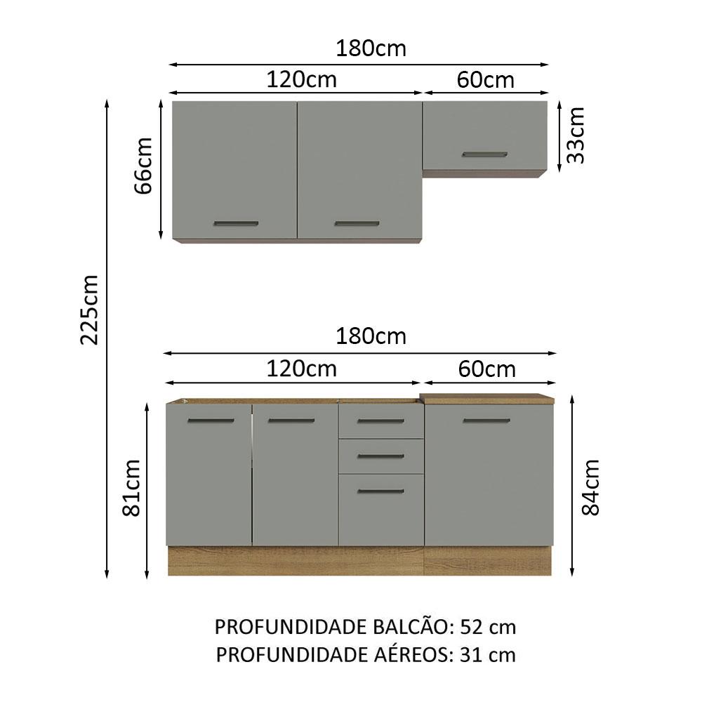 Cozinha Completa Madesa Agata 180003 com Armário e Balcão (Sem Tampo e Pia) - Rustic/Cinza