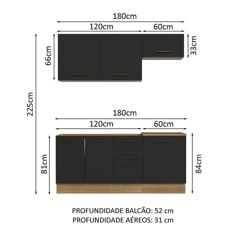 Cozinha Completa Madesa Agata 180003 com Armário e Balcão (Sem Tampo e Pia) - Rustic/Preto