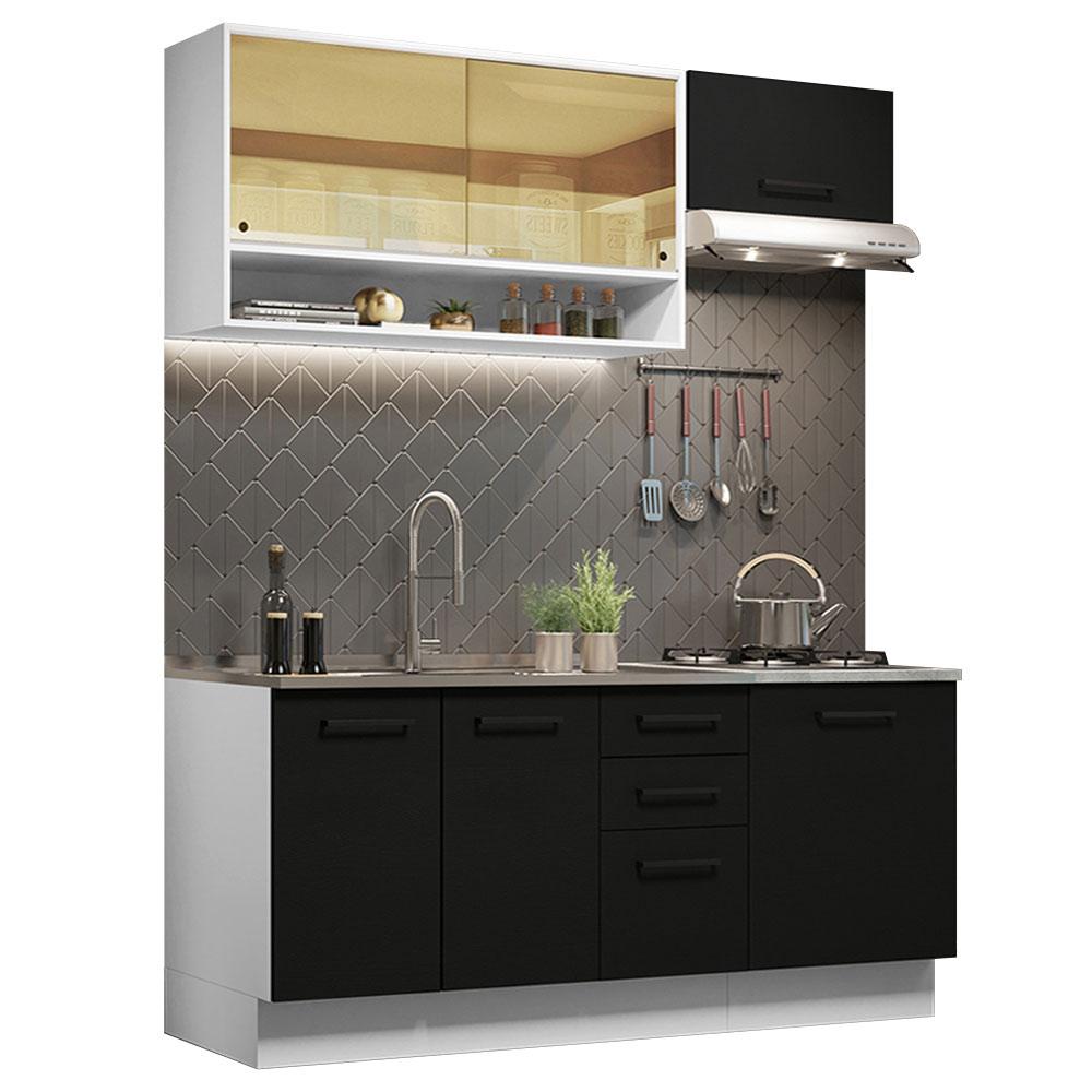 Cozinha Completa Madesa Agata 180004 com Armário e Balcão (Sem Tampo e Pia) - Branco/Preto