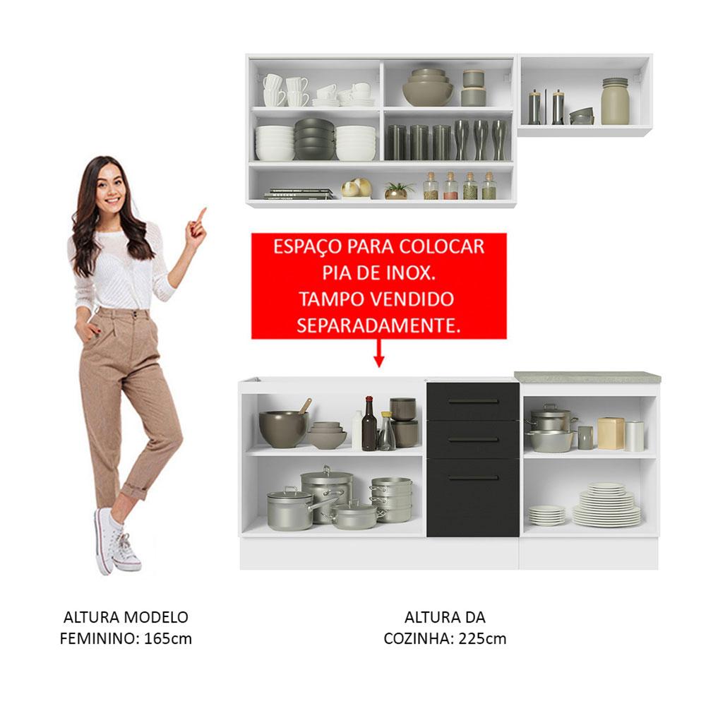 Cozinha Completa Madesa Agata 180004 com Armário e Balcão (Sem Tampo e Pia) - Branco/Preto
