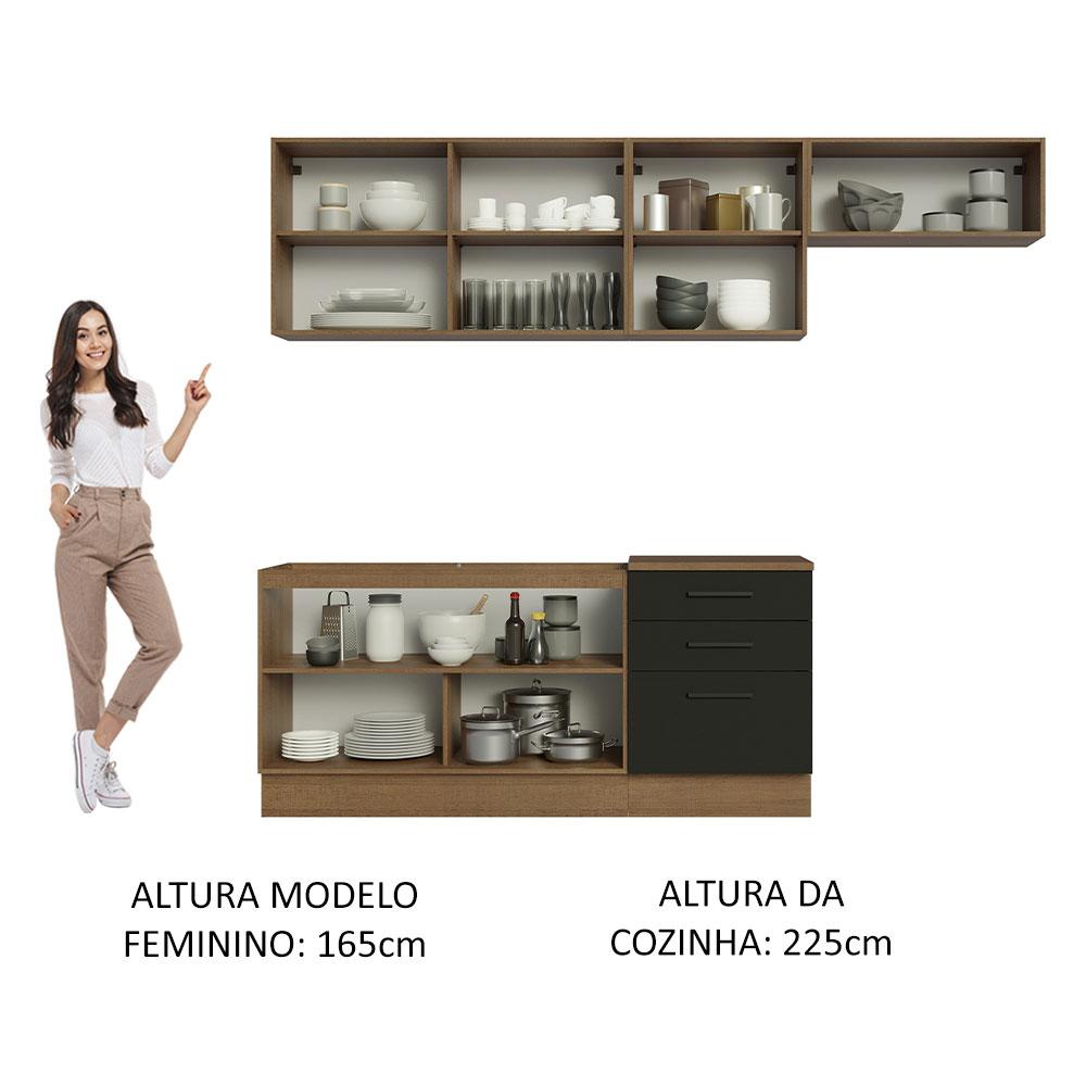 Cozinha Completa Madesa Agata 260002 com Armário e Balcão (Sem Tampo e Pia) - Rustic/Preto