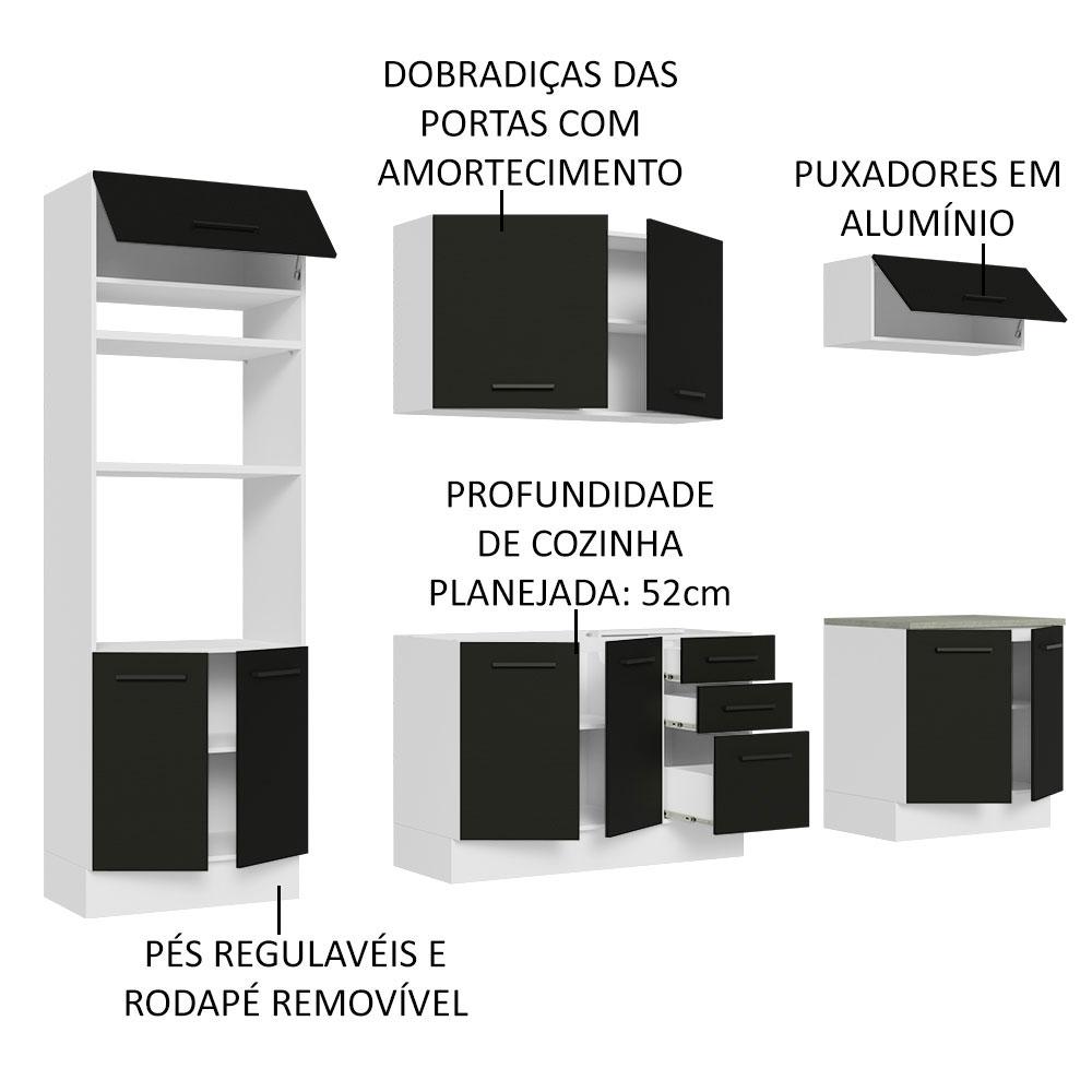 Cozinha Completa Madesa Agata 270001 com Armário e Balcão (Sem Tampo e Pia) - Branco/Preto