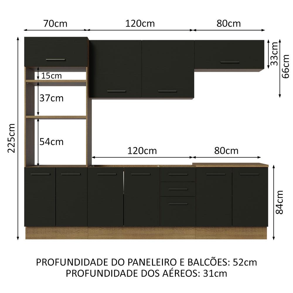 Cozinha Completa Madesa Agata 270001 com Armário e Balcão (Sem Tampo e Pia) - Rustic/Preto
