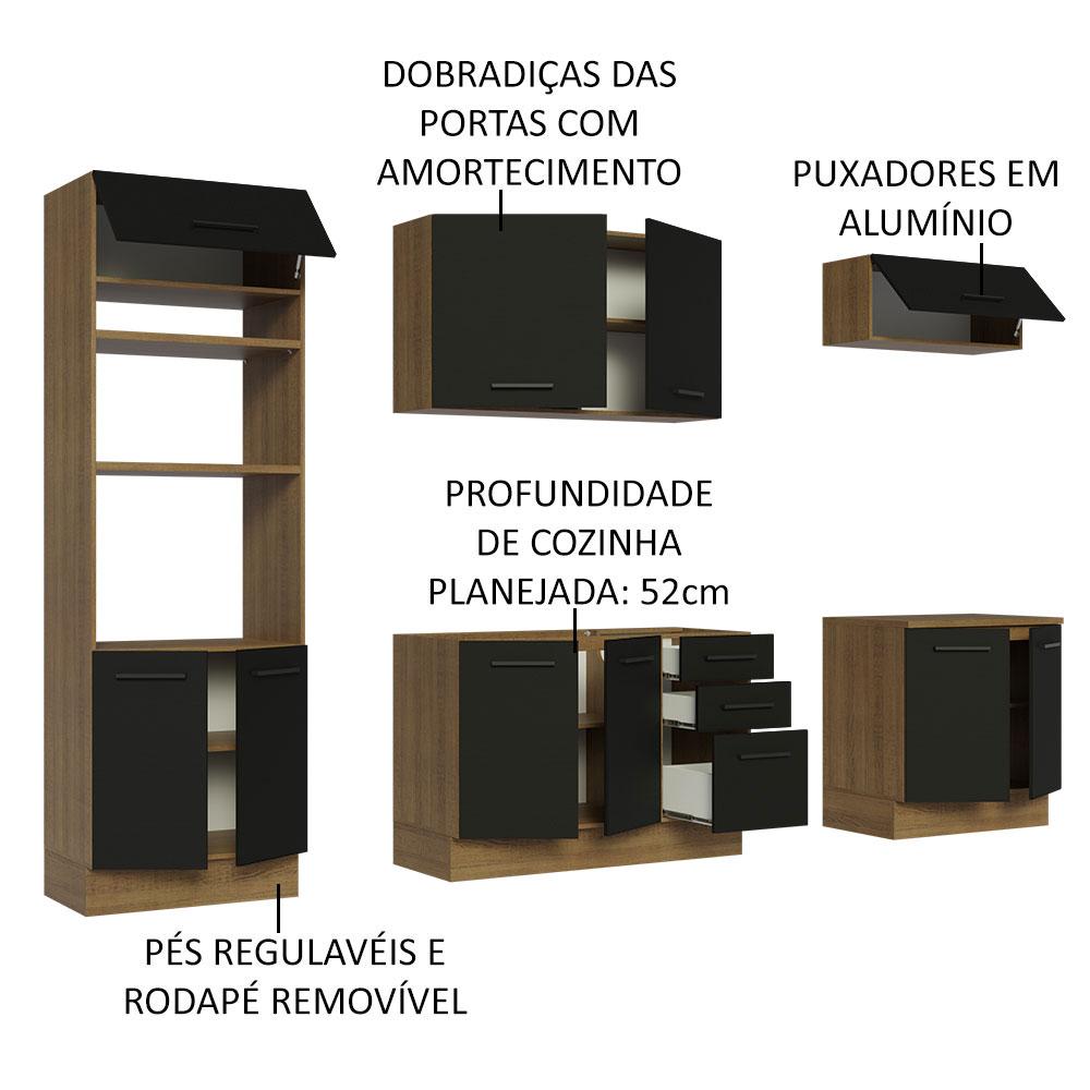 Cozinha Completa Madesa Agata 270001 com Armário e Balcão (Sem Tampo e Pia) - Rustic/Preto