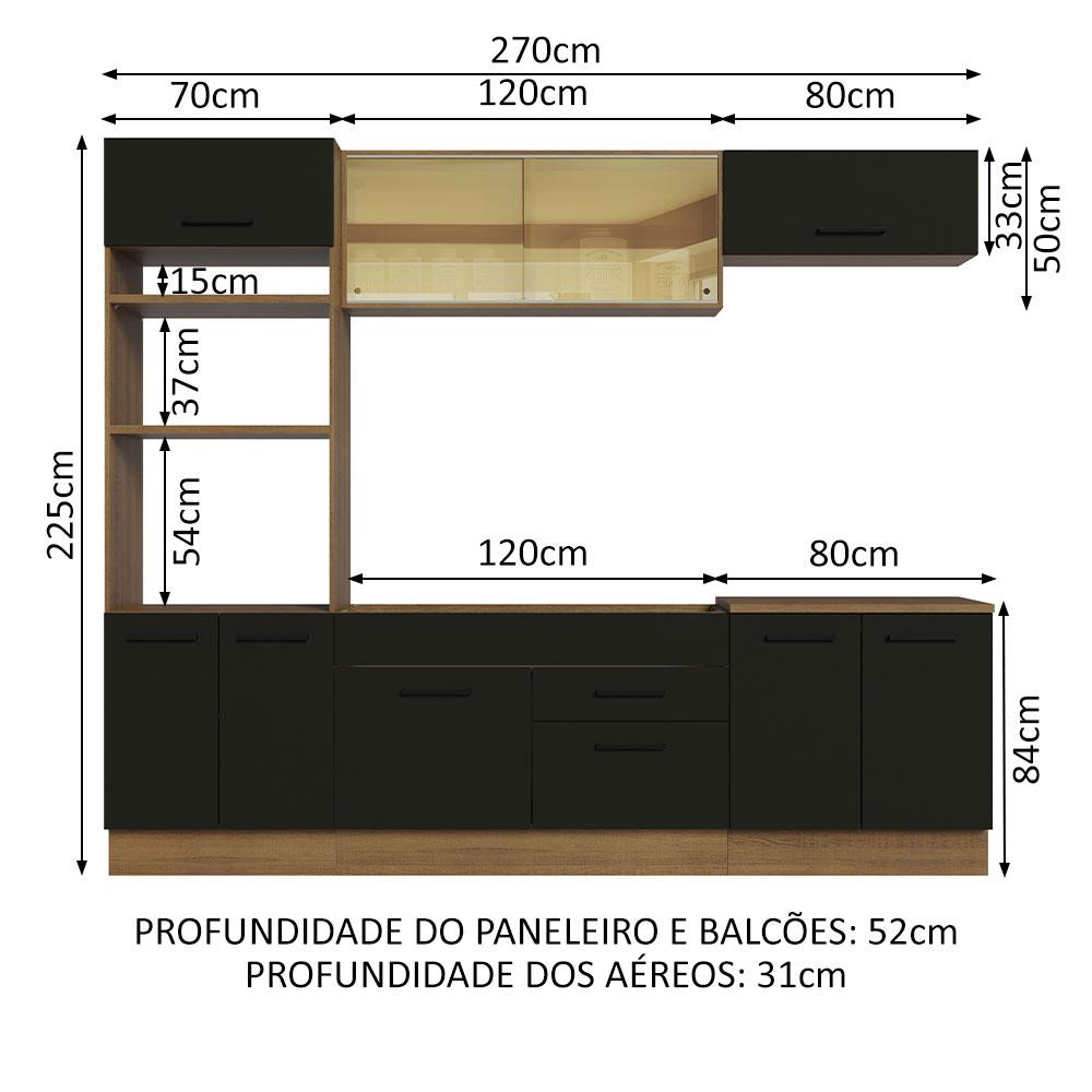 Cozinha Completa Madesa Agata 270003 com Armário e Balcão (Sem Tampo e Pia) - Rustic/Preto