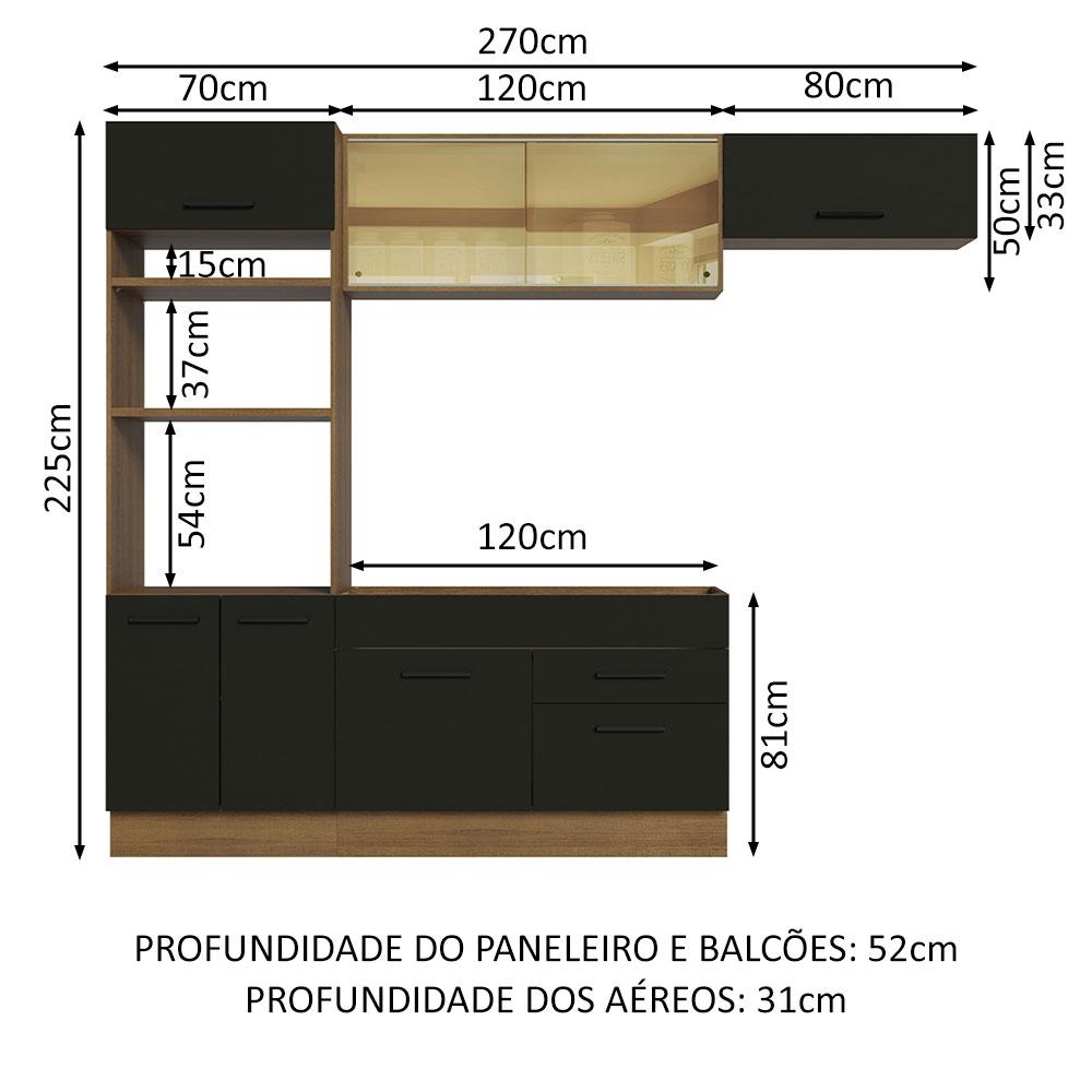 Cozinha Completa Madesa Agata 270004 com Armário e Balcão (Sem Tampo e Pia) - Rustic/Preto