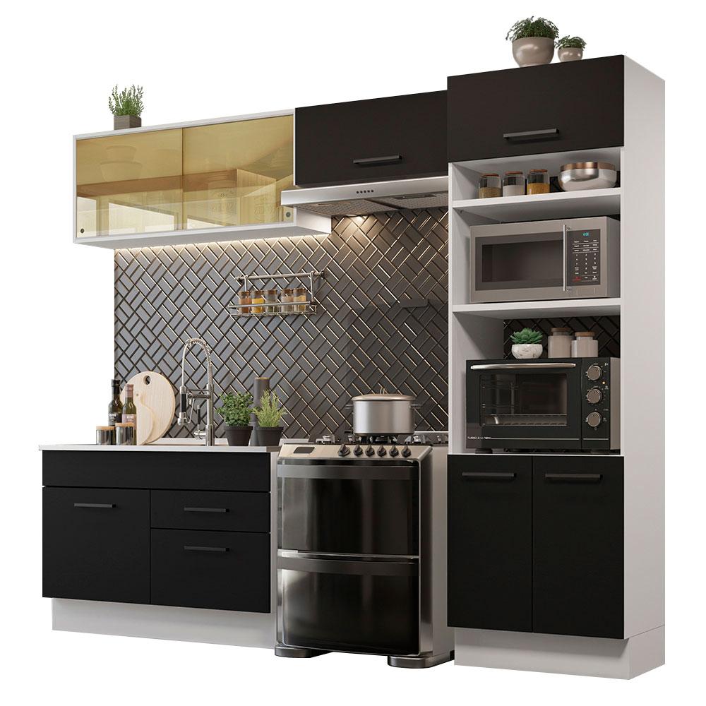 Cozinha Completa Madesa Agata 270005 com Armário e Balcão (Sem Tampo e Pia) - Branco/Preto