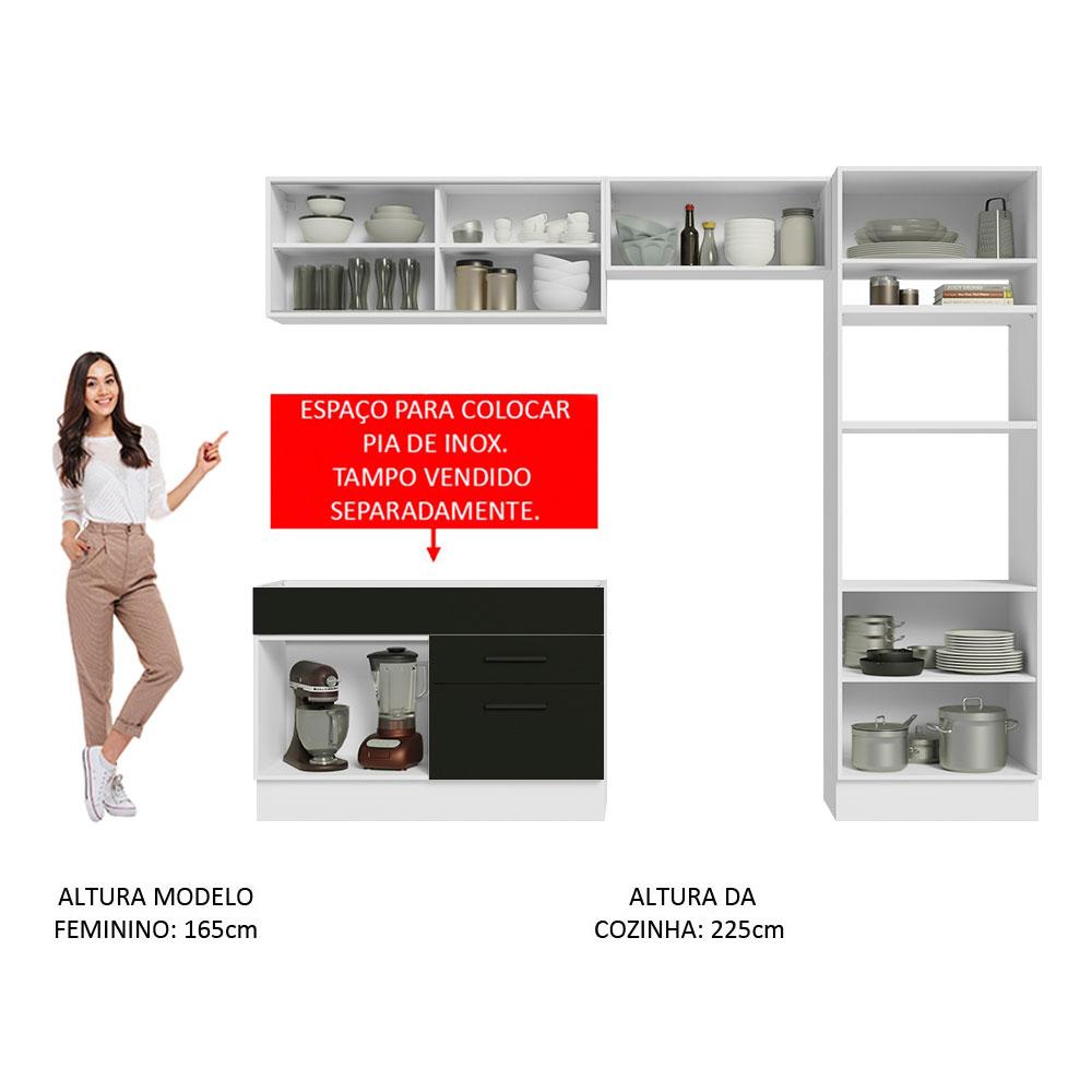 Cozinha Completa Madesa Agata 270005 com Armário e Balcão (Sem Tampo e Pia) - Branco/Preto