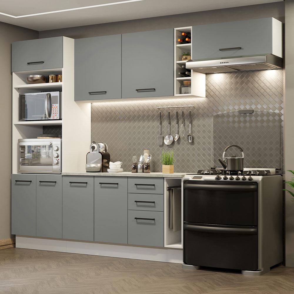 Cozinha Completa Madesa Agata 290004 com Armário e Balcão (Com Tampo) - Branco/Cinza