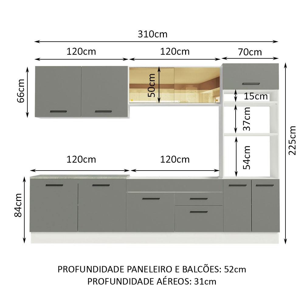 Cozinha Completa Madesa Agata 310001 com Armário e Balcão (Sem Tampo e Pia) - Branco/Cinza