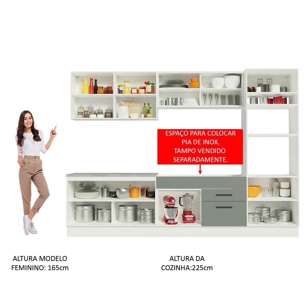 Cozinha Completa Madesa Agata 310001 com Armário e Balcão (Sem Tampo e Pia) - Branco/Cinza