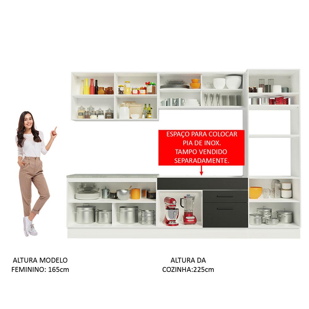 Cozinha Completa Madesa Agata 310001 com Armário e Balcão (Sem Tampo e Pia) - Branco/Preto