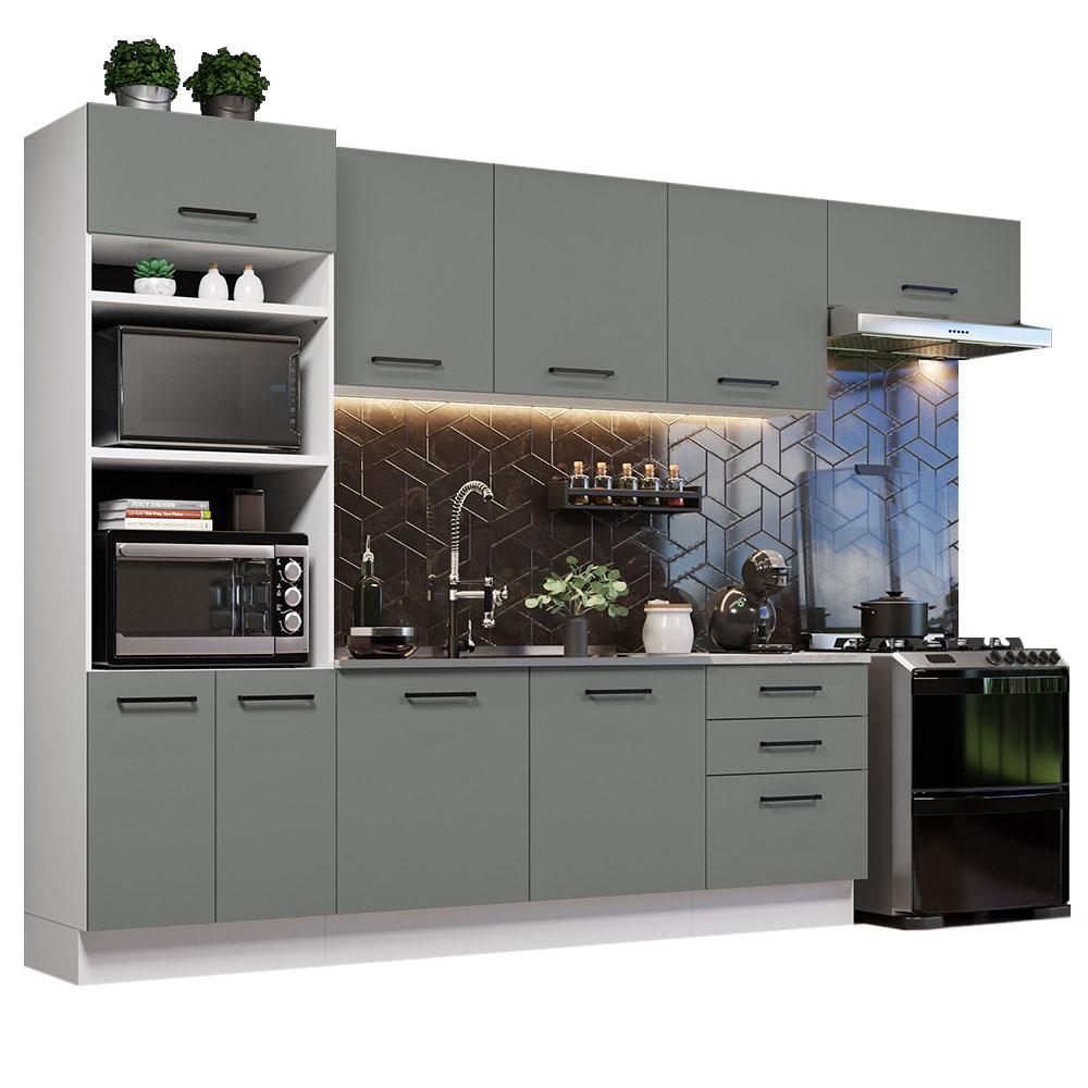 Cozinha Completa Madesa Agata 330001 com Armário e Balcão (Sem Tampo e Pia) - Branco/Cinza