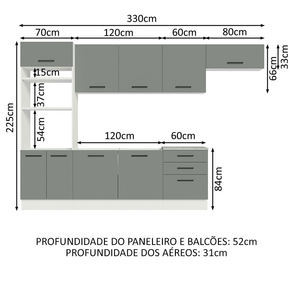 Cozinha Completa Madesa Agata 330001 com Armário e Balcão (Sem Tampo e Pia) - Branco/Cinza