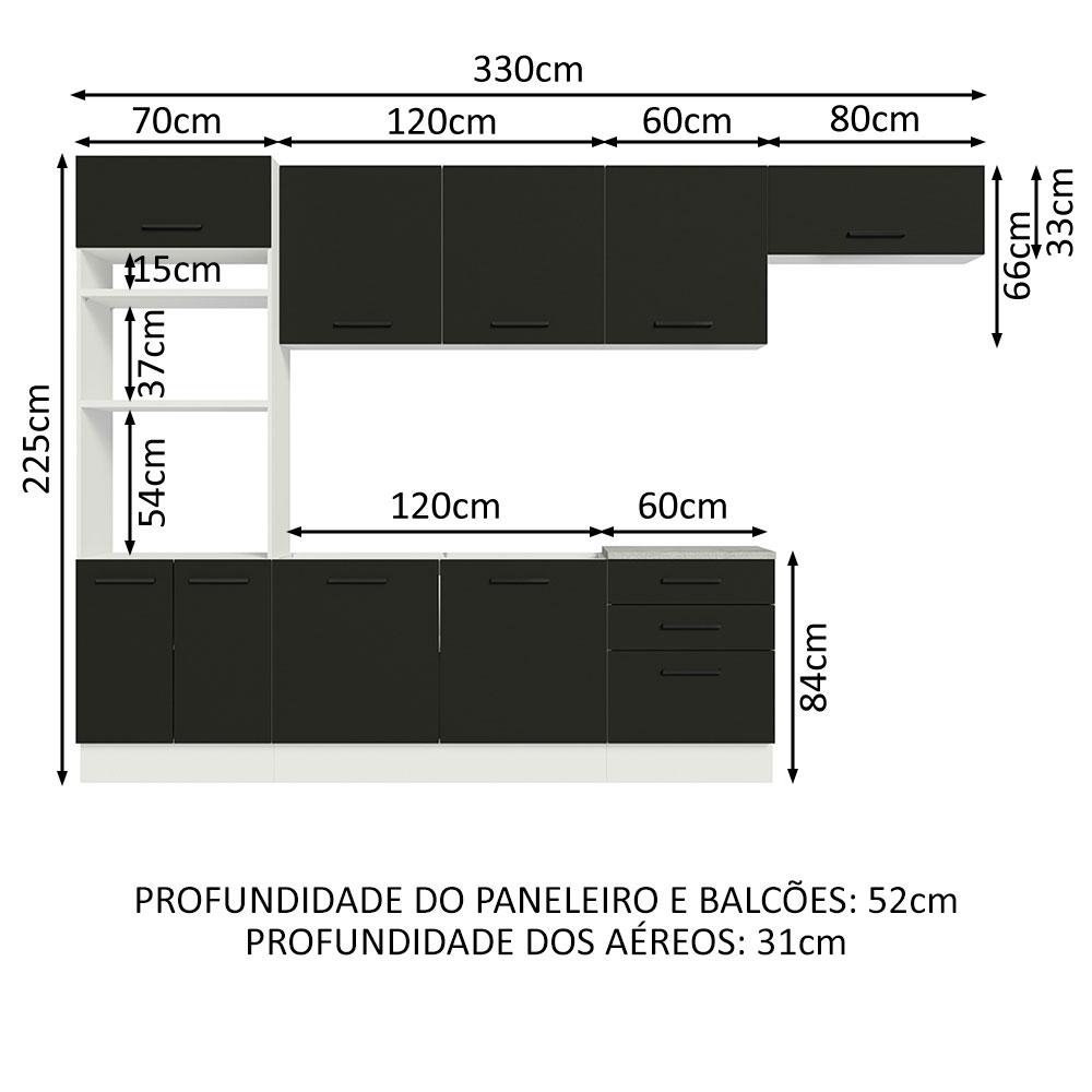 Cozinha Completa Madesa Agata 330001 com Armário e Balcão (Sem Tampo e Pia) - Branco/Preto