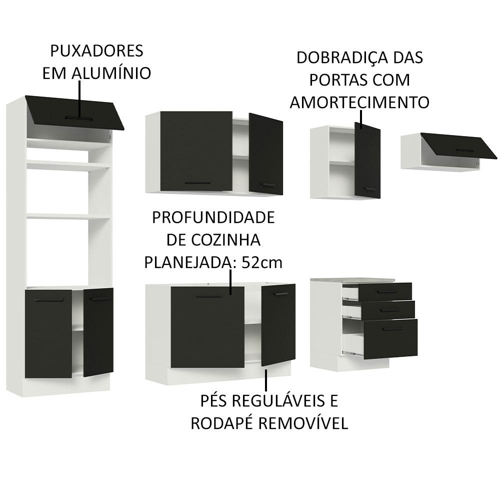 Cozinha Completa Madesa Agata 330001 com Armário e Balcão (Sem Tampo e Pia) - Branco/Preto