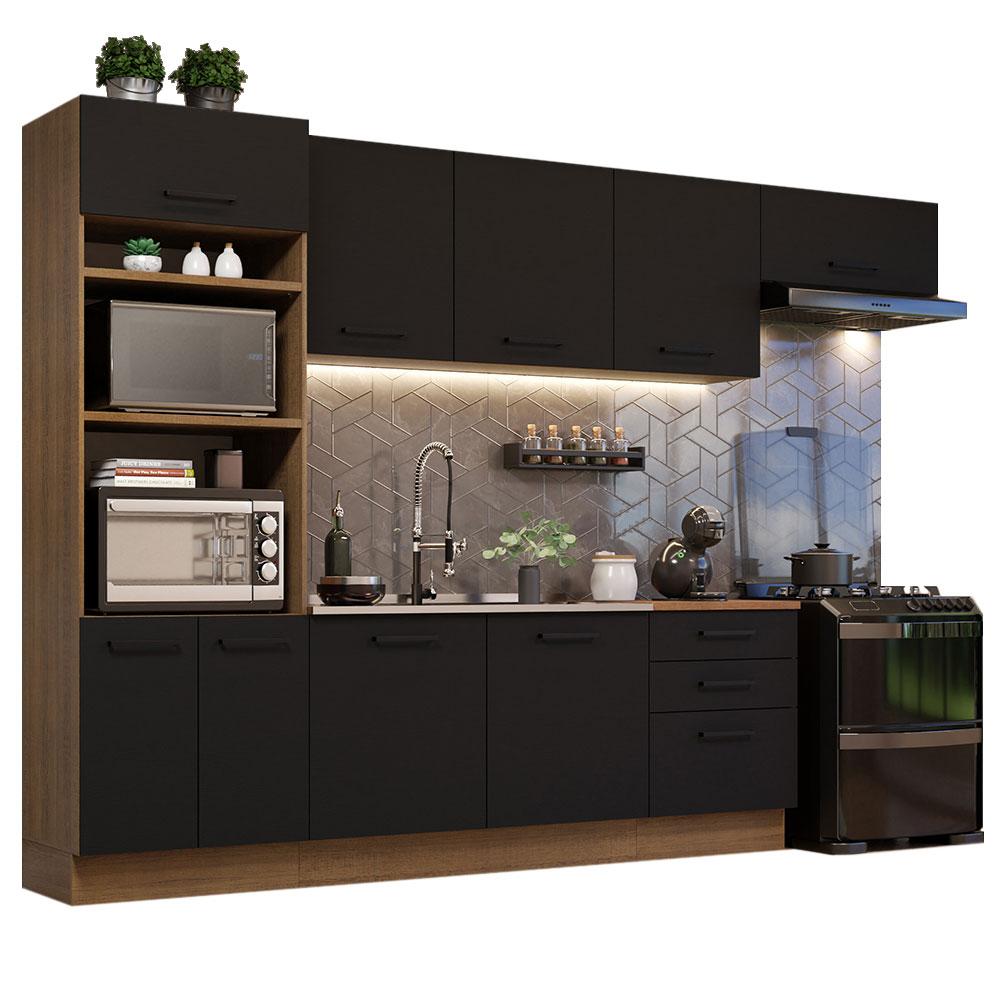 Cozinha Completa Madesa Agata 330001 com Armário e Balcão (Sem Tampo e Pia) - Rustic/Preto