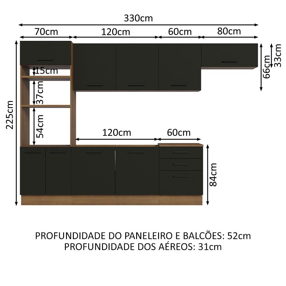 Cozinha Completa Madesa Agata 330001 com Armário e Balcão (Sem Tampo e Pia) - Rustic/Preto