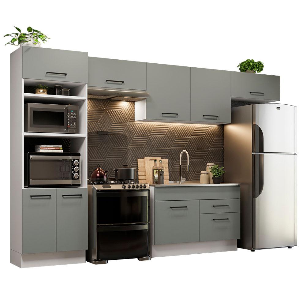 Cozinha Completa Madesa Agata 350001 com Armário e Balcão (Sem Tampo e Pia) - Branco/Cinza