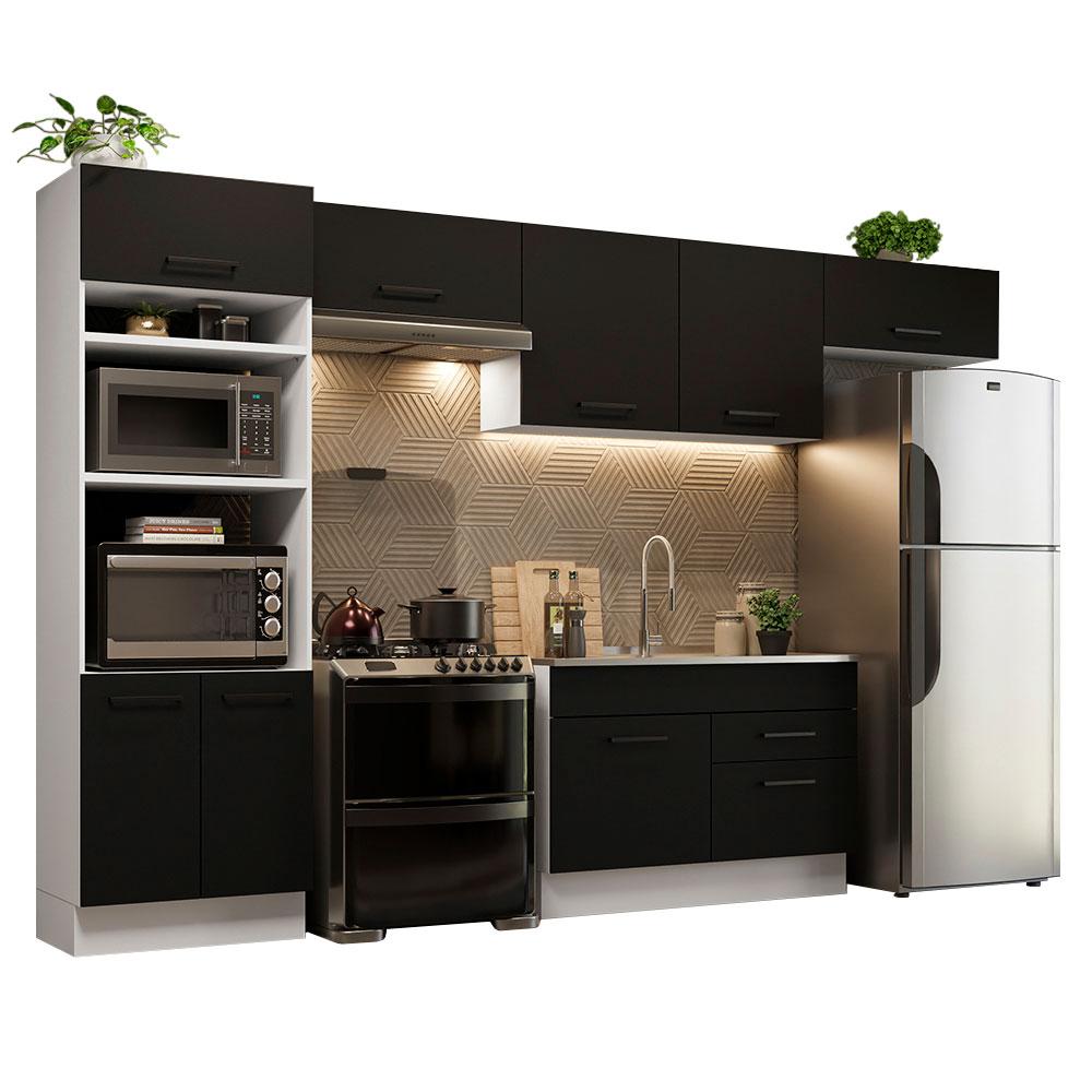 Cozinha Completa Madesa Agata 350001 com Armário e Balcão (Sem Tampo e Pia) - Branco/Preto