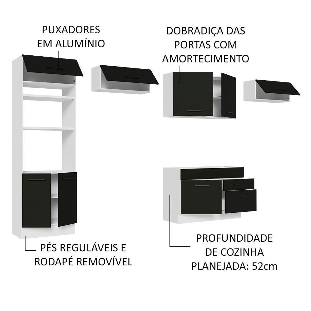 Cozinha Completa Madesa Agata 350001 com Armário e Balcão (Sem Tampo e Pia) - Branco/Preto