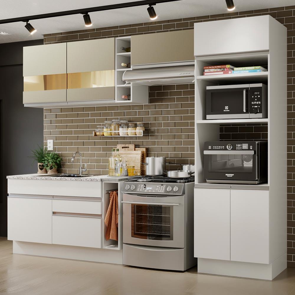 Cozinha Completa Madesa Cristal com Armário e Balcão (Sem Tampo e Pia) - Branco/Branco/Crema