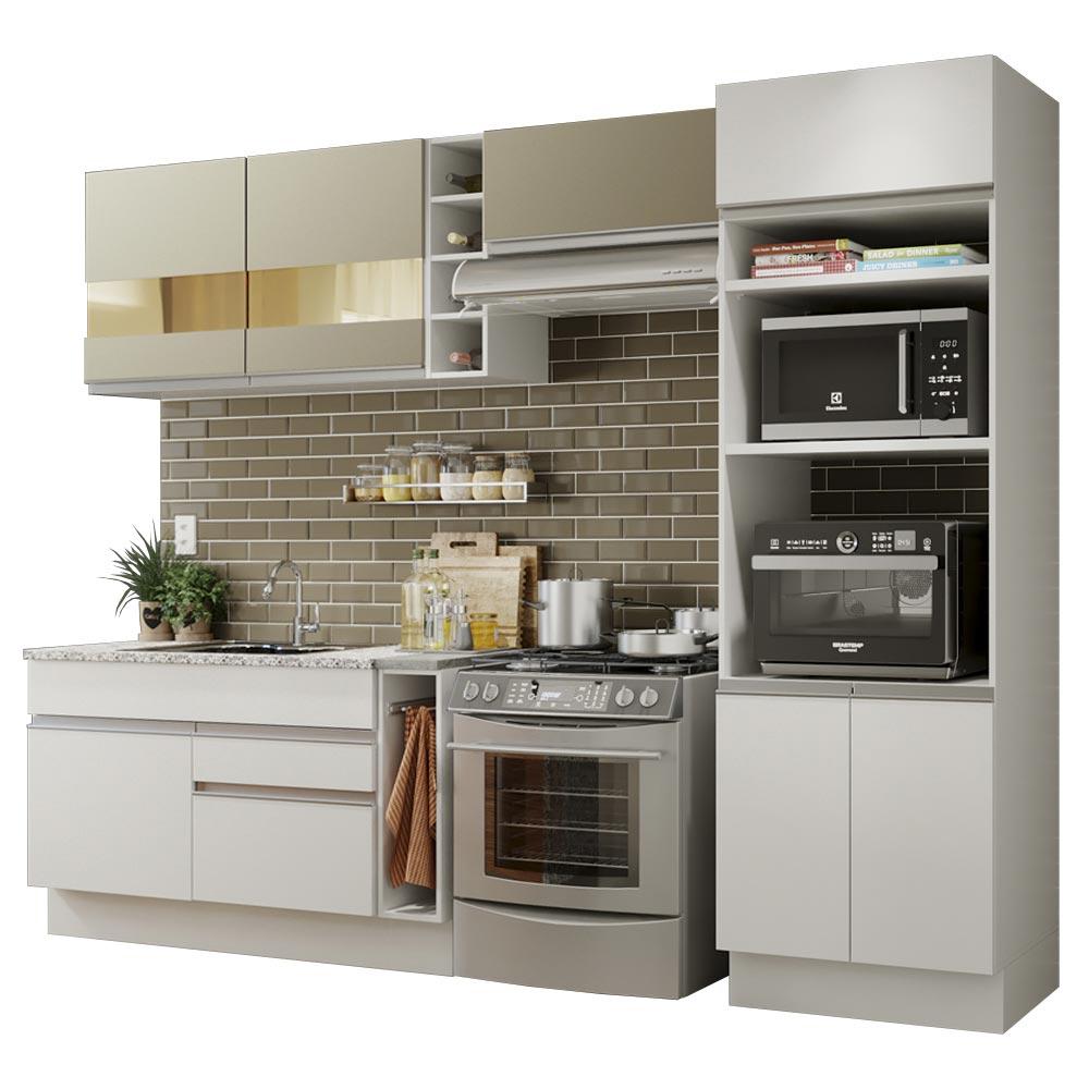 Cozinha Completa Madesa Cristal com Armário e Balcão (Sem Tampo e Pia) - Branco/Branco/Crema