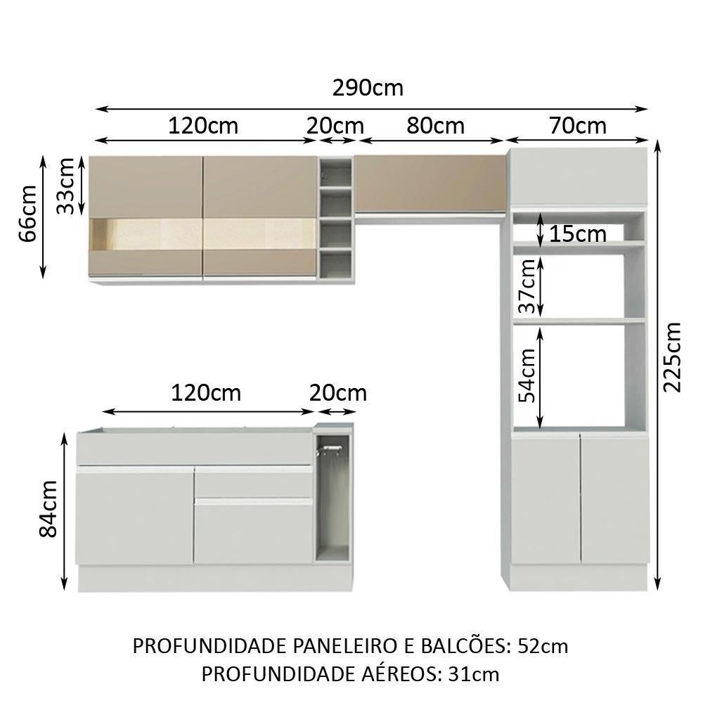 Cozinha Completa Madesa Cristal com Armário e Balcão (Sem Tampo e Pia) - Branco/Branco/Crema