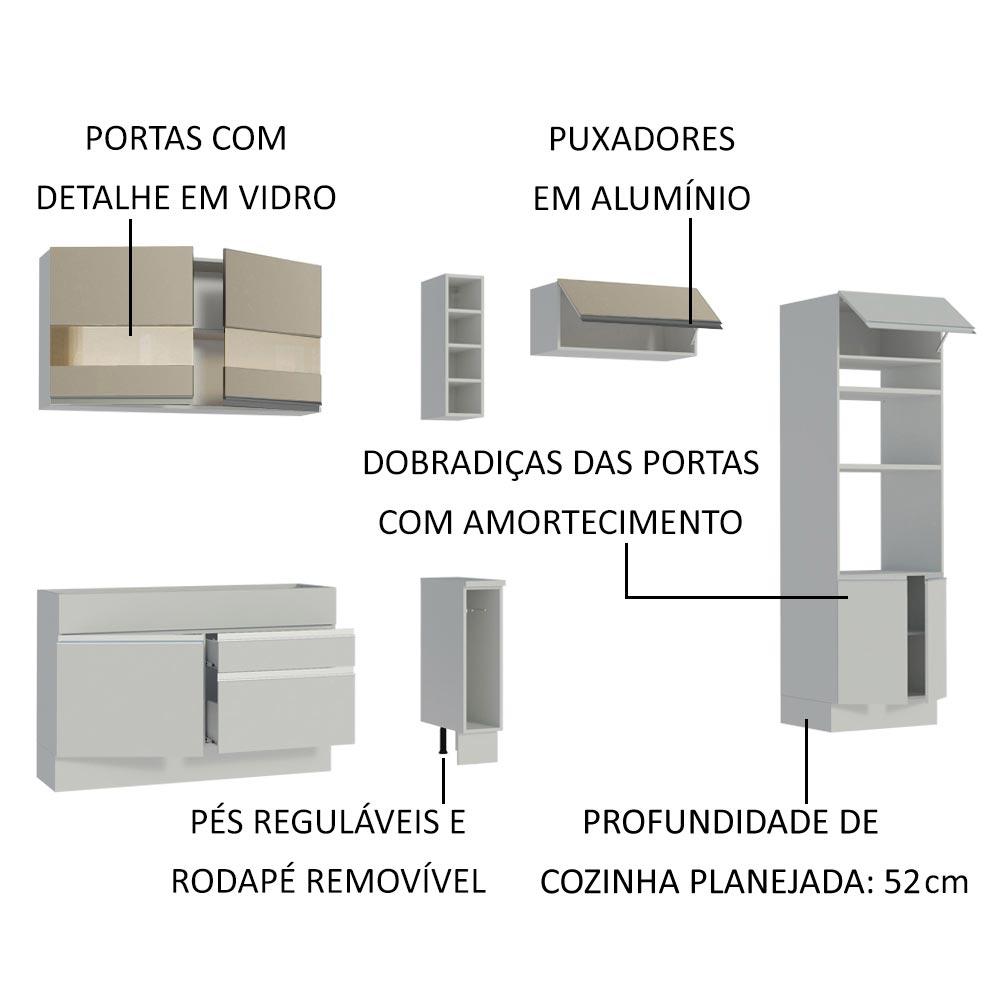 Cozinha Completa Madesa Cristal com Armário e Balcão (Sem Tampo e Pia) - Branco/Branco/Crema