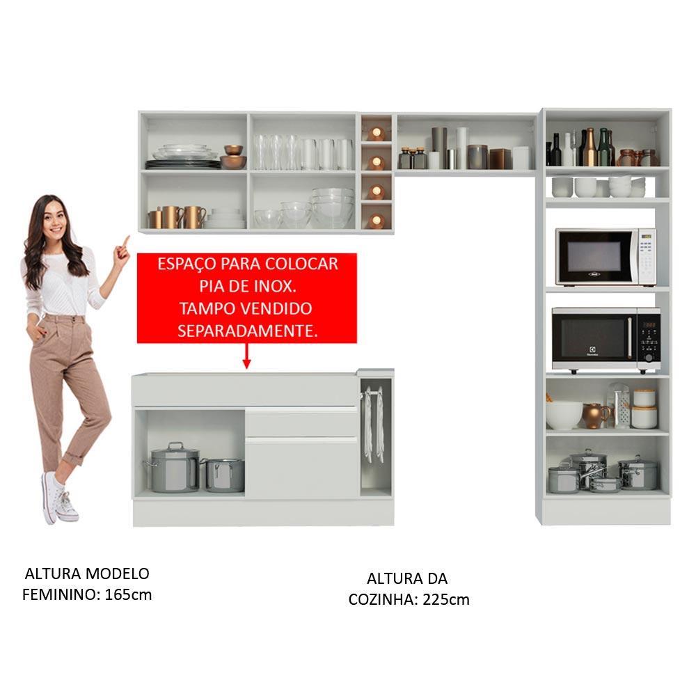 Cozinha Completa Madesa Cristal com Armário e Balcão (Sem Tampo e Pia) - Branco/Branco/Crema