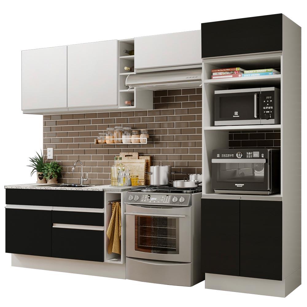 Cozinha Completa Madesa Cristal com Armário e Balcão (Sem Tampo e Pia) - Branco/Preto/Branco