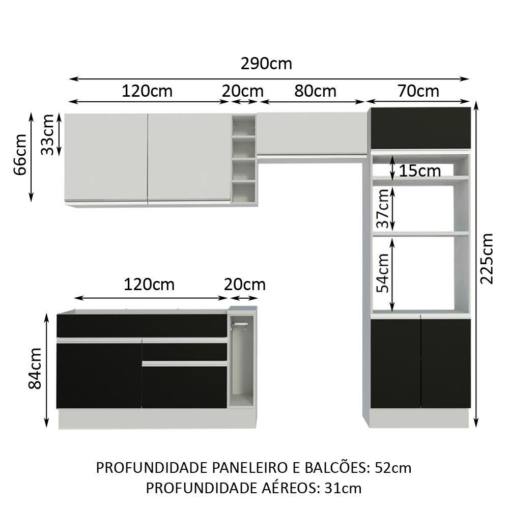 Cozinha Completa Madesa Cristal com Armário e Balcão (Sem Tampo e Pia) - Branco/Preto/Branco