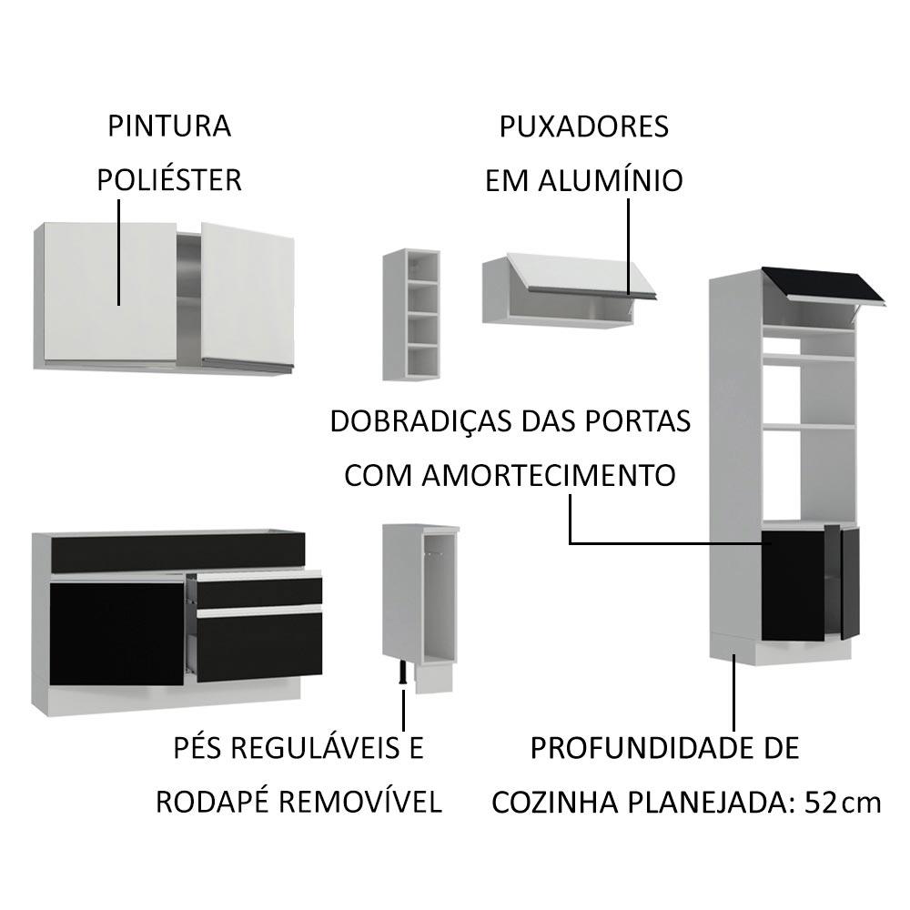 Cozinha Completa Madesa Cristal com Armário e Balcão (Sem Tampo e Pia) - Branco/Preto/Branco