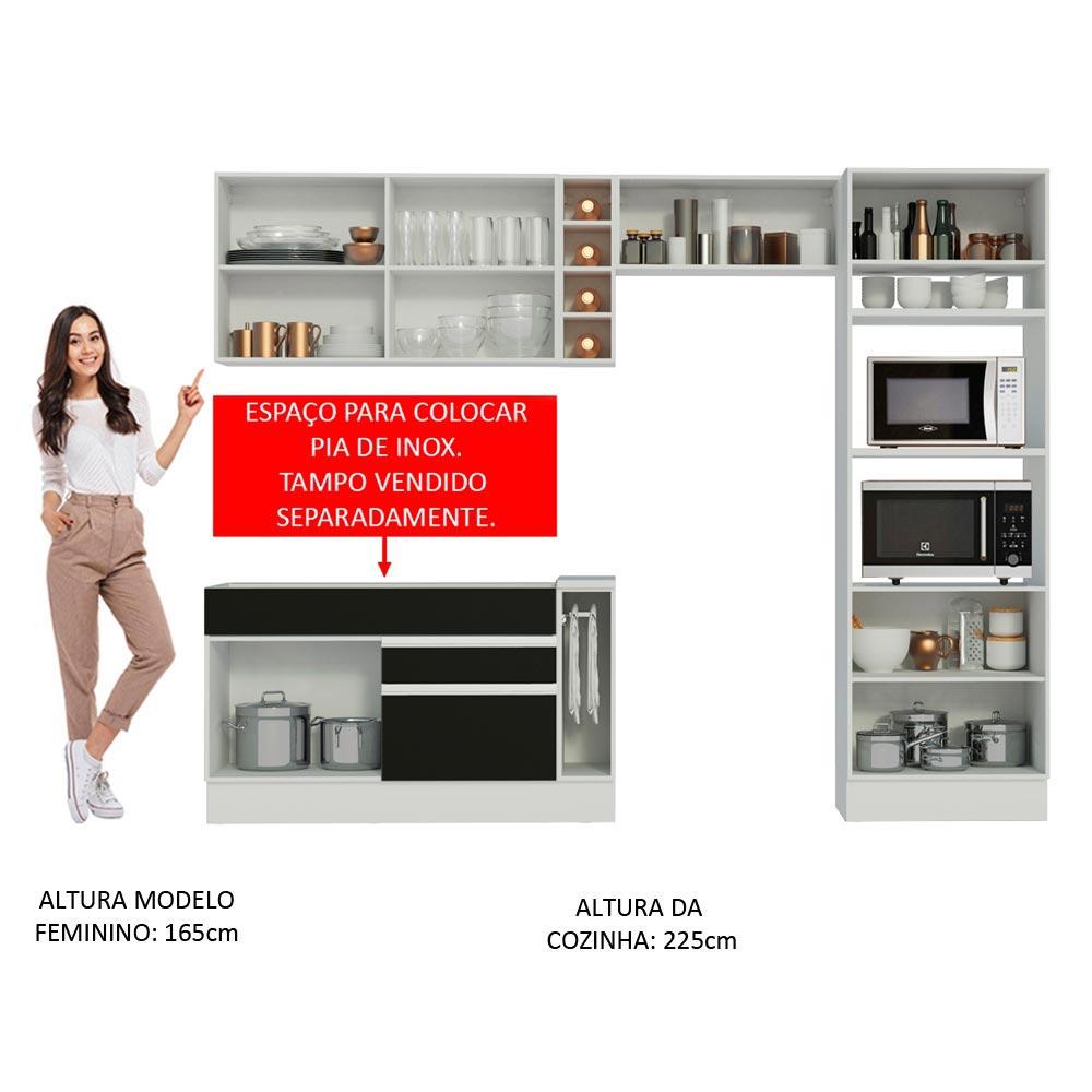 Cozinha Completa Madesa Cristal com Armário e Balcão (Sem Tampo e Pia) - Branco/Preto/Branco