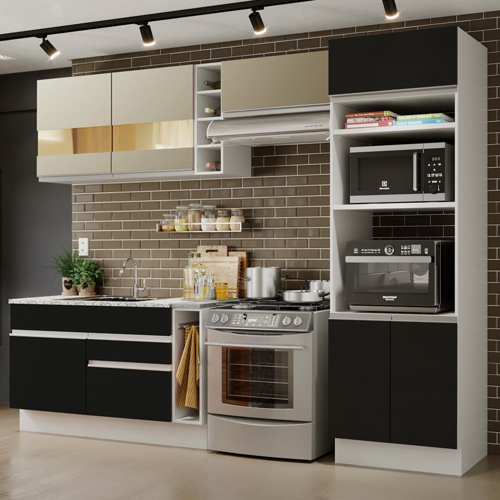 Cozinha Completa Madesa Cristal com Armário e Balcão (Sem Tampo e Pia) - Branco/Preto/Crema