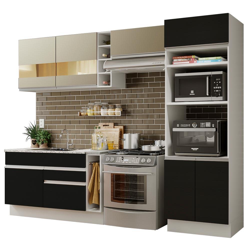 Cozinha Completa Madesa Cristal com Armário e Balcão (Sem Tampo e Pia) - Branco/Preto/Crema