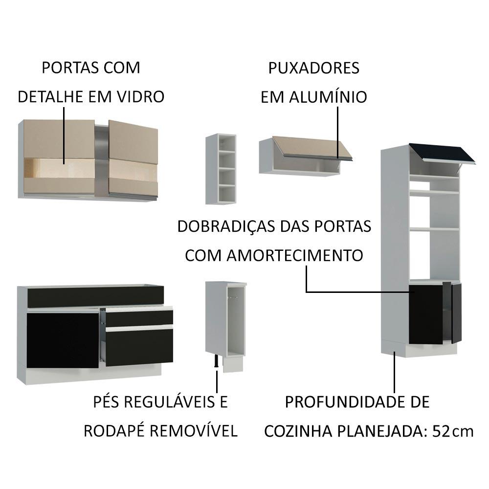 Cozinha Completa Madesa Cristal com Armário e Balcão (Sem Tampo e Pia) - Branco/Preto/Crema